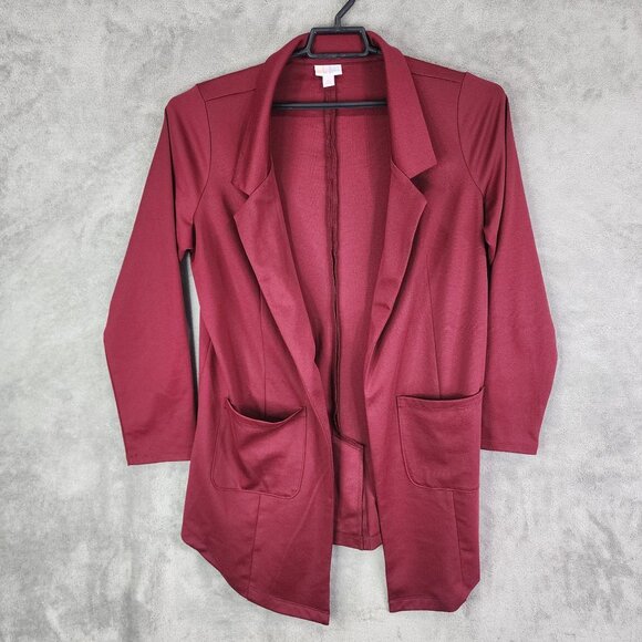 Womens Burgundy LuLaRoe Open Front Cardigan Blazer Long Sleeve Pockets Size M - Picture 2 of 9